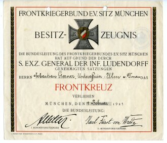 Frontkriegerbund, Verleihungsurkunde zum Frontkreuz...
