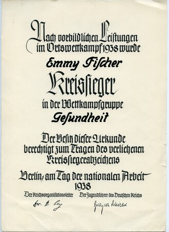 Verleihungsurkunde zum Abzeichens für Kreissieger 1938, der linke Teil leider abgetrennt