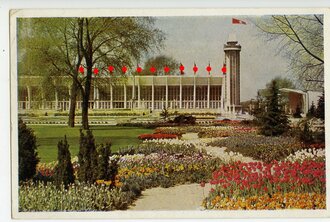 Ansichtskarte Reichsgartenschau Essen 1938 - Der Große Blumenhof mit Radioturm, datiert 1938