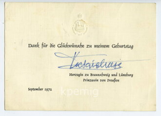 Victoria Luise Herzogin zu Braunschweig und Lüneburg, Prinzessin von Preußen. Eigenhändige Unterschrift auf Dankeskarte von 1972