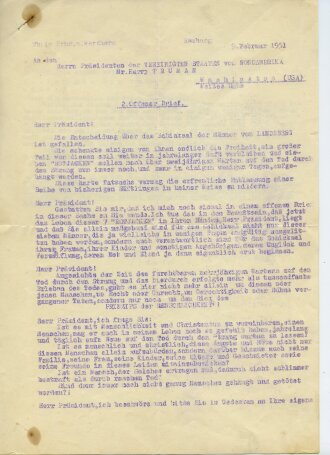 Thilo Freiherr von Werthern Ritterkreuzträger, eigenhändige Unterschrift auf Brief an Harry Truman, Präsident der USA  bezüglich der "Männer von Landsberg" datiert 1951