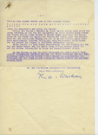 Thilo Freiherr von Werthern Ritterkreuzträger, eigenhändige Unterschrift auf Brief an Harry Truman, Präsident der USA  bezüglich der "Männer von Landsberg" datiert 1951