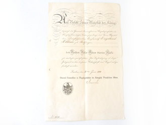 Verleihungsurkunde zum Rothen Adler Orden vierter Klasse datiert 1890, gefaltet und gelocht