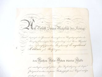 Verleihungsurkunde zum Rothen Adler Orden vierter Klasse datiert 1890, gefaltet und gelocht