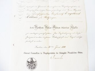 Verleihungsurkunde zum Rothen Adler Orden vierter Klasse datiert 1890, gefaltet und gelocht