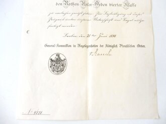 Verleihungsurkunde zum Rothen Adler Orden vierter Klasse datiert 1890, gefaltet und gelocht