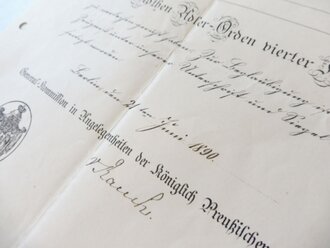 Verleihungsurkunde zum Rothen Adler Orden vierter Klasse datiert 1890, gefaltet und gelocht