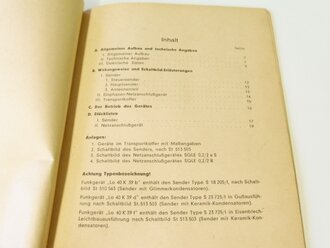 Beschreibung  für Funkgerät "Lo 40 K 39d und Lo 40 K 39f" vom Januar 1944. Din A5, 20 Seiten plus Anlagen