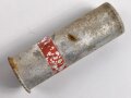 Abgeschossene Aluminiumhülse für die Signalpatrone Einzelstern Rot, datiert 1944, Hersteller ldc (Deutsche Pyrotechn. Fabriken G.m.b.H. Werk Cleebronn)