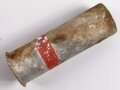 Abgeschossene Aluminiumhülse für die Signalpatrone Einzelstern Rot, datiert 1944, Hersteller ldc (Deutsche Pyrotechn. Fabriken G.m.b.H. Werk Cleebronn)