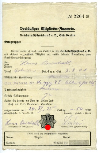 Reichsluftschutzbund Berlin, Vorläufiger Mitglieds-Ausweis, datiert 1935