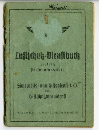 Luftschutz Dienstbuch zugleich Personalausweis, datiert 1944, Luftschutz-Warnkommando VI/18 Münster/Westf., Einband löst sich