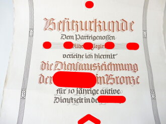 SA Oberführer Wilhelm Ziegler aus Heidelberg, grossformatige Verleihungsurkunde zum NSDAP Dienstauszeichnung in bronze sowie Orden der Italienischen Krone Kommandeurkreuz mit Verleihungsurkunde