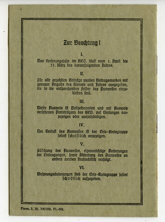 Reichsluftschutzbund Landesgruppe Nordbayern, Mitgliedsausweis von 1939