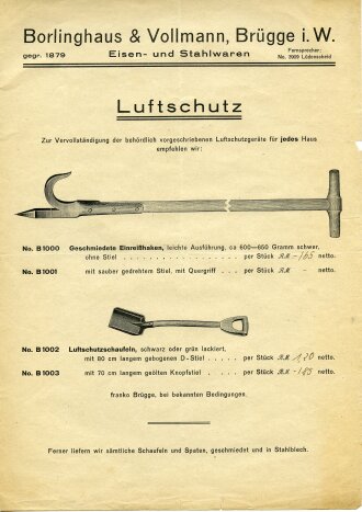 Luftschutzschaufel, Gesamtlänge 110cm, guter Zustand. Das Foto des Prospektes ist nur als nachweis gedacht und gehört nicht dazu