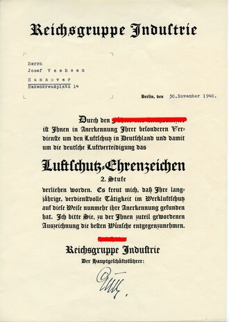 Verleihungsurkunde zum Luftschutz Ehrenzeichen 2. Stufe datiert 1940
