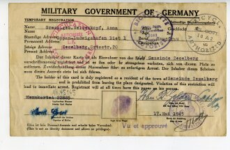 "Temporary Registration" des Military Government of Germany vom Mai 1945 aus Landkarte der U.S. Army, Nachkriegsumbau  " Schwerter zu Pflugscharen "