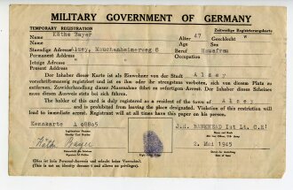 "Temporary Registration" des Military Government of Germany vom Mai 1945 aus Landkarte der U.S. Army, Nachkriegsumbau  " Schwerter zu Pflugscharen "