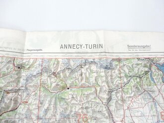 Deutsche Fliegerkarte Annecy-Turin 60 x 62 cm, nach dem Krieg Rückseitig nochmals bedruckt " Schwerter zu Pflugscharen"