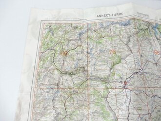 Deutsche Fliegerkarte Annecy-Turin 60 x 62 cm, nach dem Krieg Rückseitig nochmals bedruckt " Schwerter zu Pflugscharen"