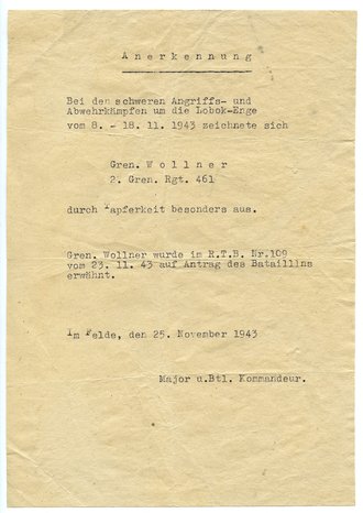 Anerkennungsurkunde mit Nennung im Regiments Tagesbericht  für einen Angehörigen im Grenadier Regiment 461 datiert 1943