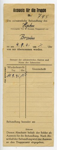 Ausweis für die Truppe bzgl. Zahnärztlicher Behandlung...