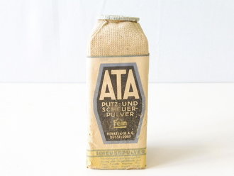 "ATA Putz- und Scheuerpulver" aus Pappe, Höhe 14cm, Preis in Reichsmark, ungeöffnet