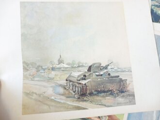 " Rechts und links der Rollbahn" 24 Aquarelle vom Vormarsch des XXXXVII.Panzerkorps im Osten,  Format DIN A4 . Einband defekt, 4 fehlende Blätter