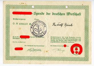 Spendenbescheinigung einer Firma für die "Adolf Hitler Spende der deutschen Wirtschaft 1937"