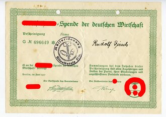 Spendenbescheinigung einer Firma für die "Adolf Hitler Spende der deutschen Wirtschaft 1937"