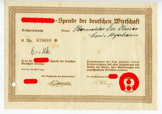 Spendenbescheinigung einer Firma für die "Adolf Hitler Spende der deutschen Wirtschaft 1940"