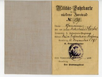 "Militär Radfahr Karte" für das niedere Zweirad Nr. 139, ausgestellt beim 5.Infanterie Regiment 1898