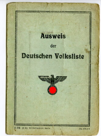 Ausweis der Deutschen Volksliste für einen Angehörigen aus Gentomie in Pommern, ausgestellt 1942