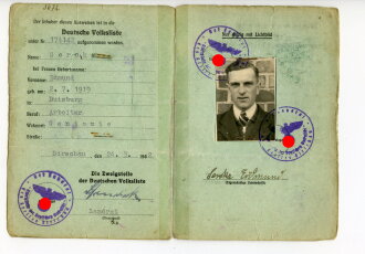 Ausweis der Deutschen Volksliste für einen Angehörigen aus Gentomie in Pommern, ausgestellt 1942