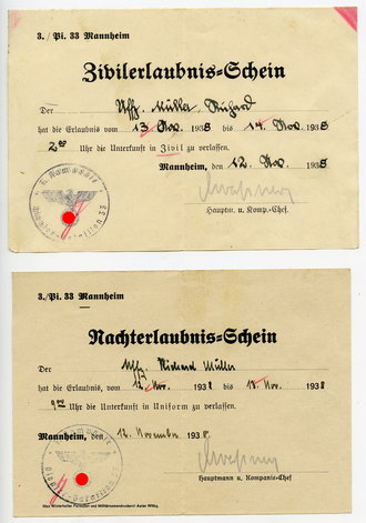 Zivilerlaubnis- und Nachterlaubnis-Schein eines Angehörigen 3.Pi.33 Mannheim von 1938