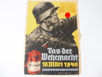 Plakat "Tag der Wehrmacht 17.März 1940 - Kriegswinterhilfswerk" 42 x 60cm, mittig gefaltet