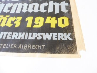 Plakat "Tag der Wehrmacht 17.März 1940 - Kriegswinterhilfswerk" 42 x 60cm, mittig gefaltet