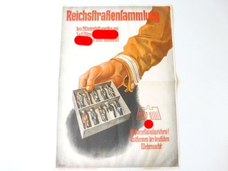 Winterhilfswerk Plakat " Reichsstraßensammlung des Winterhilfswerkes, 10 Porzellanabzeichen Uniformen der Deutschen Wehrmacht" 42 x 60cm, mittig gefaltet