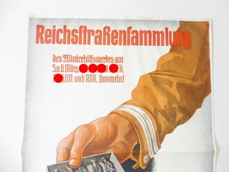 Winterhilfswerk Plakat " Reichsstraßensammlung des Winterhilfswerkes, 10 Porzellanabzeichen Uniformen der Deutschen Wehrmacht" 42 x 60cm, mittig gefaltet