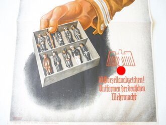 Winterhilfswerk Plakat " Reichsstraßensammlung des Winterhilfswerkes, 10 Porzellanabzeichen Uniformen der Deutschen Wehrmacht" 42 x 60cm, mittig gefaltet