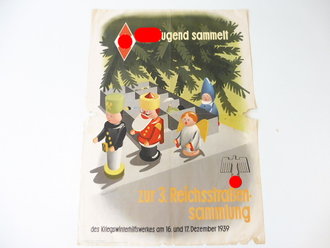 Winterhilfswerk Plakat "Hitlerjugend sammelt zur 3. Reichsstraßensammlung Dezember 1939" 42 x 60cm, mittig gefaltet, beschädigt