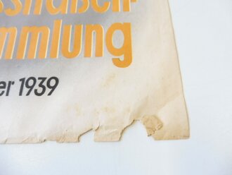 Winterhilfswerk Plakat "Hitlerjugend sammelt zur 3. Reichsstraßensammlung Dezember 1939" 42 x 60cm, mittig gefaltet, beschädigt