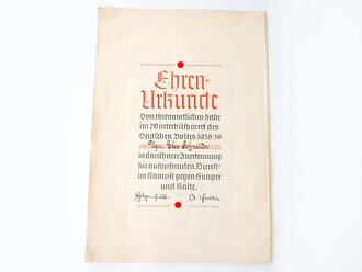 Ehren Urkunde " Dem ehrenamtlichen Helfer im Winterhilfswerk des Deutschen Volkes 1938/39" Grossformatig