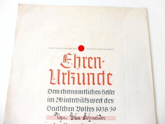 Ehren Urkunde " Dem ehrenamtlichen Helfer im Winterhilfswerk des Deutschen Volkes 1938/39" Grossformatig