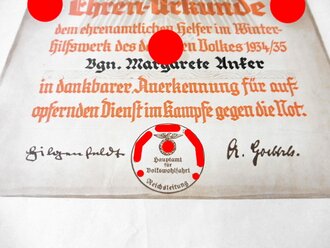 Ehrenurkunde " dem ehrenamtlichen Helfer im Winterhilfswerk des deutschen Volkes 1934/35"