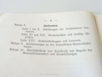 "Kurze Zusammenstellung über die französische Armee ", Berlin 1913 mit 34 Seiten und 9 farbigen Anlagen, Buchrücken gelöst