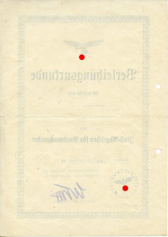 Verleihungsurkunde für das "Zivil Abzeichen für Bordmechaniker" datiert 1941,