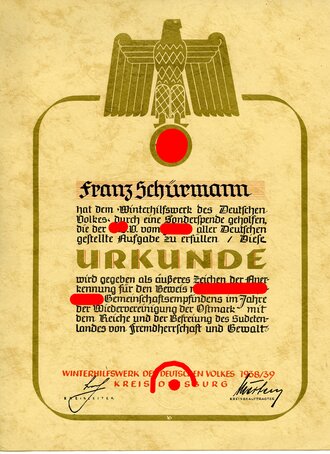 Winterhilfswerk Kreis Duisburg 1938/39, Pergamentartige Urkunde anlässlich einer Sonderspende 22 x 30cm