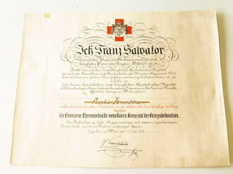 Österreich , Verleihungsurkunde für die bronzene Ehrenmedaille vom Roten Kreuz mit der Kriegsdekoration datiert 1918. Grossformatig