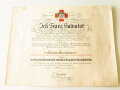 Österreich , Verleihungsurkunde für die bronzene Ehrenmedaille vom Roten Kreuz mit der Kriegsdekoration datiert 1918. Grossformatig